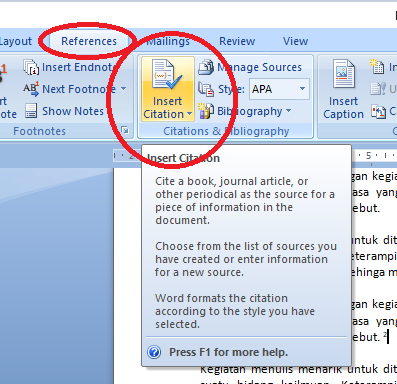 Cara memasukkan bodynote adalah dengan insert citation