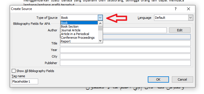 Cara memasukkan bodynote selanjutnya adalah dengan memilh type of source