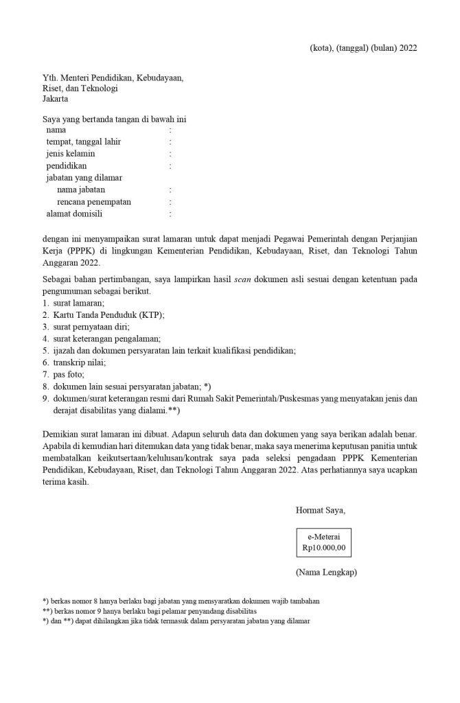 Format Surat Lamaran Seleksi PPPK Kemdikbud Ristek 2022