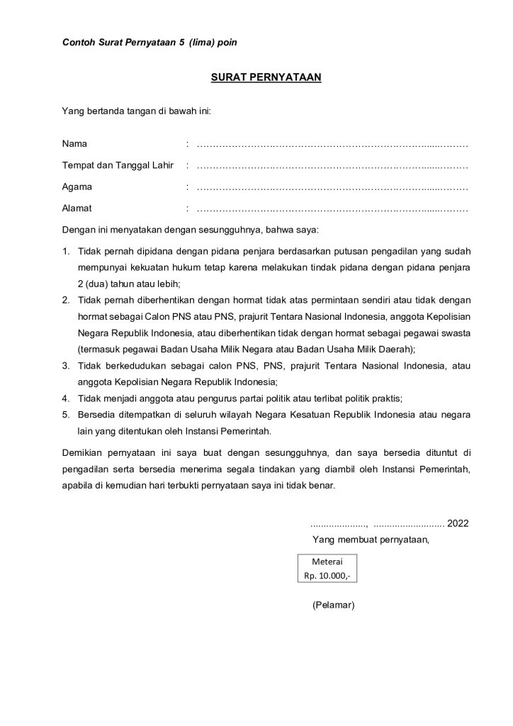 Format Surat Pernyataan 5 Poin PPPK Kemenag 2022