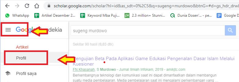 Cara mengetahui Google Scholar ID.. klik ikon tiga garis di pojok kiri atas, dan pilih “Profil”.